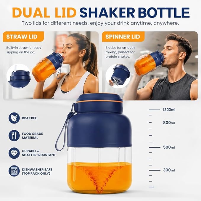 Portable Wireless Juicer Cup, 28/45Oz 180W 38 Blades USB Rechargeable Blender, Dual Lid Leakproof Compact Travel Juicer Cup for Shakes Fruits Vegetables Office Outdoor (Blue-800ml)