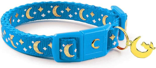WAAAG Cat Collars, Gold Moons and Stars Cat Collar, Safety Breakaway Cat Collar, Glow in The Dark (Standard 9"-15" Neck, Royal Blue)