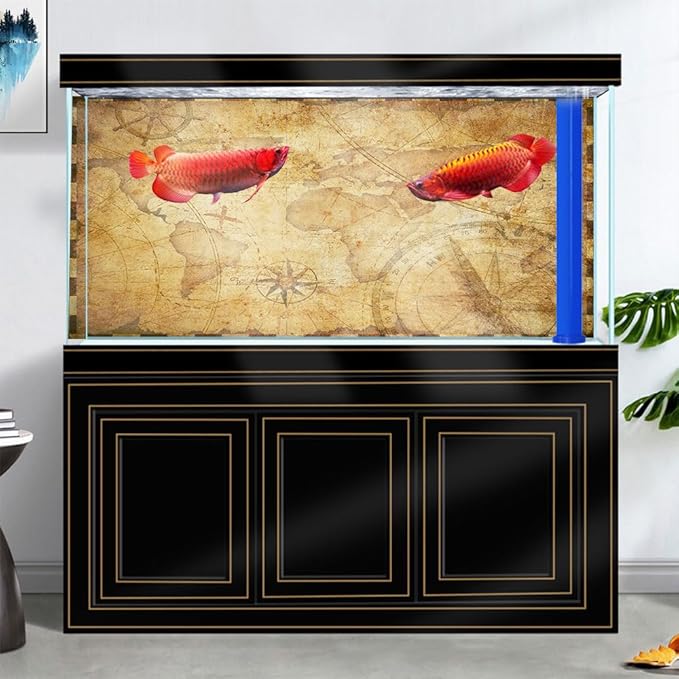 48X18IN Retro Old Travel World Map Terrarium Background, Art Parchment Pirate Treasure Map Reptile Habitat Background with 10EVA Double-Sided Tape