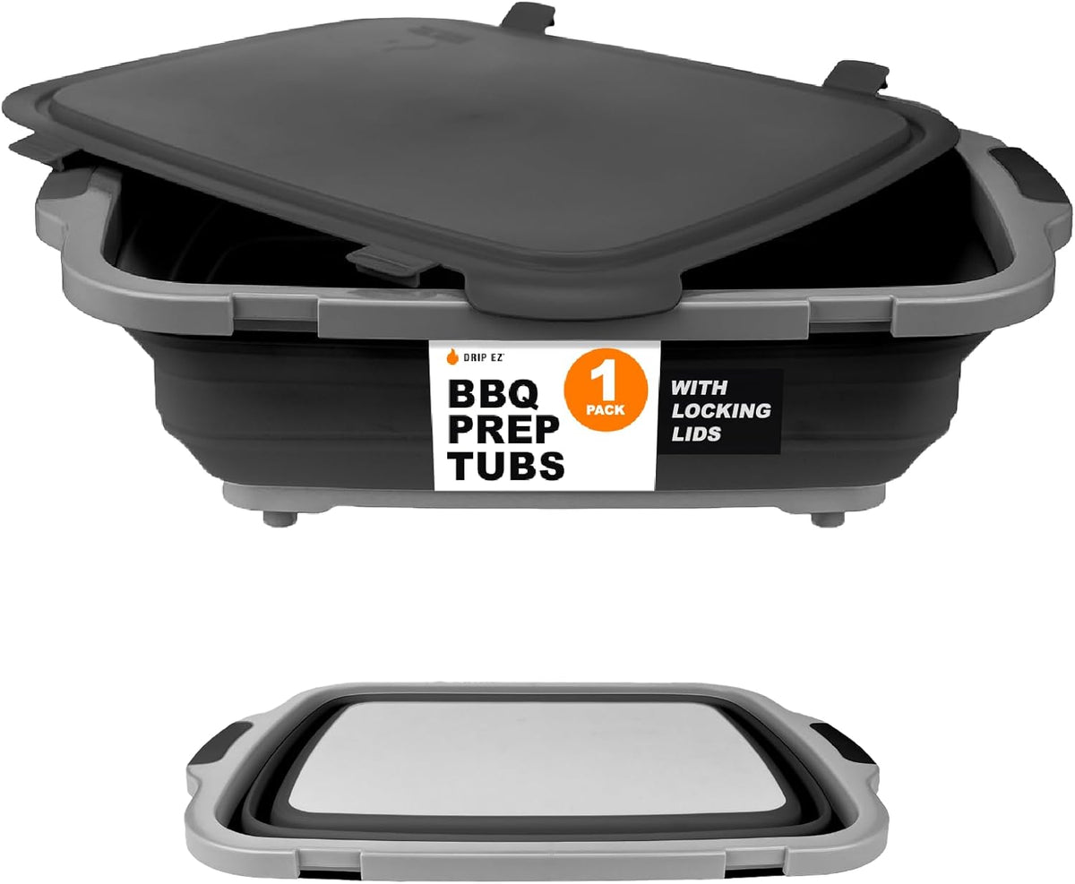 Drip EZ Collapsible BBQ Prep Tub - for Meal Prep Marinating Food Storage - Includes Cutting Board & Locking Lid - (1) XL - Black