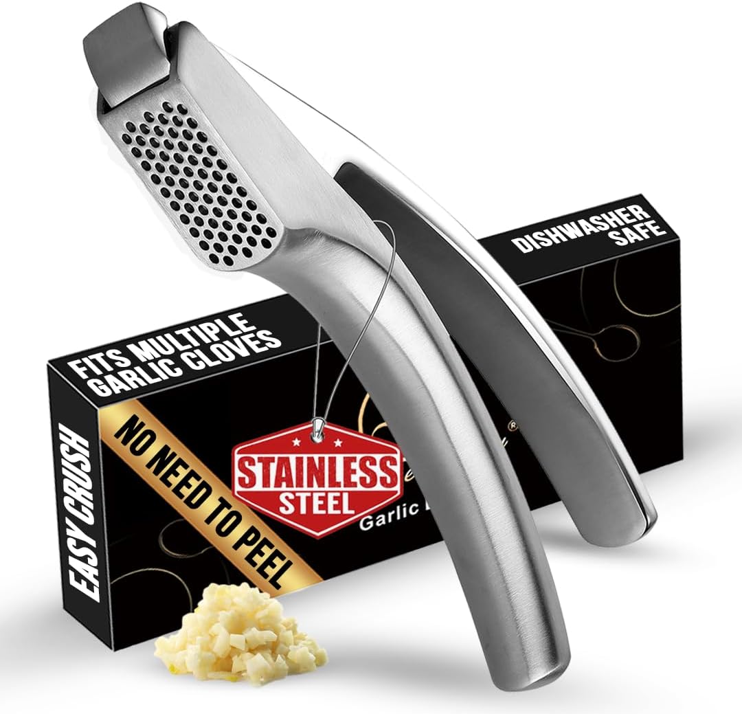 No Peeling Required Garlic Press Stainless Steel with Detachable Handle for Fine Mincing-Premium Garlic Mincer Tool, Rust-Proof, Easy to Clean, Dishwasher Safe Garlic Crusher with Lifetime Replacement