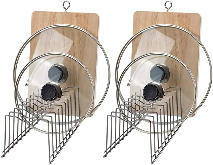 SANNO Pot Lid Organizer, Kitchen Plate Rack Holder Rest, Plates, Cutting Boards Bakeware, Cooling, Pots & Pans, Serving Trays,Lids Holder Rack,Nickel,Set of 2