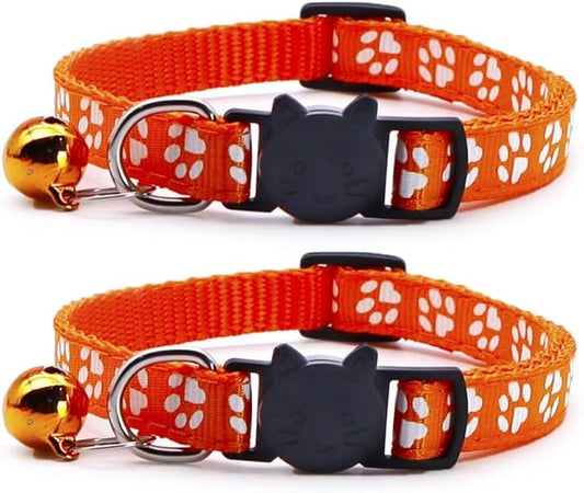 Reflective Cat Collars Breakaway with Bell 2-Pack Girl Boy Pet Kitten Collar with Star Moon Patetrn Adjustable 7.5-12.5 Inch (Orange)