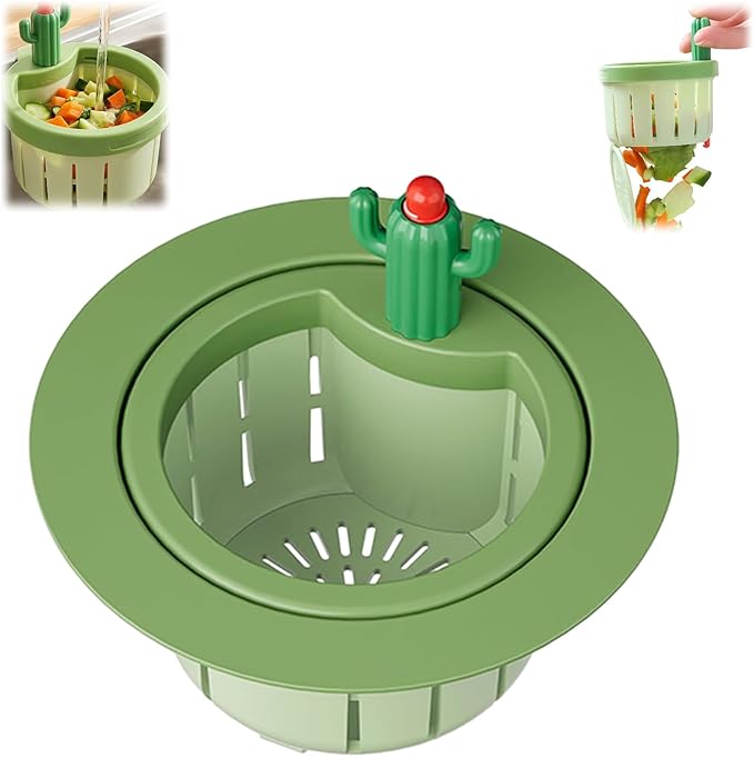 Cactus Kitchen Sink Drain Strainer, 2026 Upgrade Press to Dump Basket Waste Collector, Multifunctional Kitchen Sink Drain Strainer Fun Sink Accessory for Home Bathroom (Green 1 Pcs)