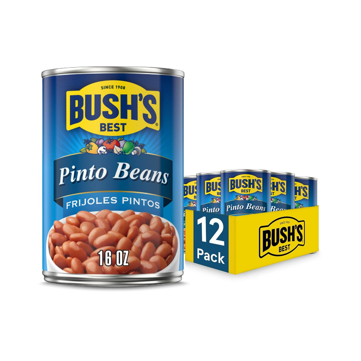 BUSH'S BEST 16 oz Canned Pinto Beans, Source of Plant Based Protein and Fiber, Low Fat, Gluten Free, Great For Soups, Salads and More, (Pack of 12)