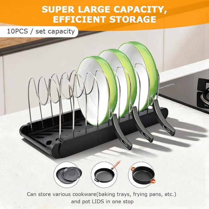 Pot and Pan Organizer, Expandable Pan Organizer for Cabinet, Pot Lid Holder with 10 Adjustable Compartments for Kitchen Cabinet Cookware Baking Frying Rack(Black)