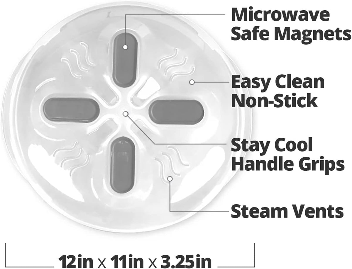 HOVER COVER Magnetic Splatter Cover, 12-Inch Clear BPA-Free Food Lid, Vented Plate Guard with Steam Vents, Anti-Splash Microwave Lid, Dishwasher Safe, Space-Saving Magnetic Storage - Gray