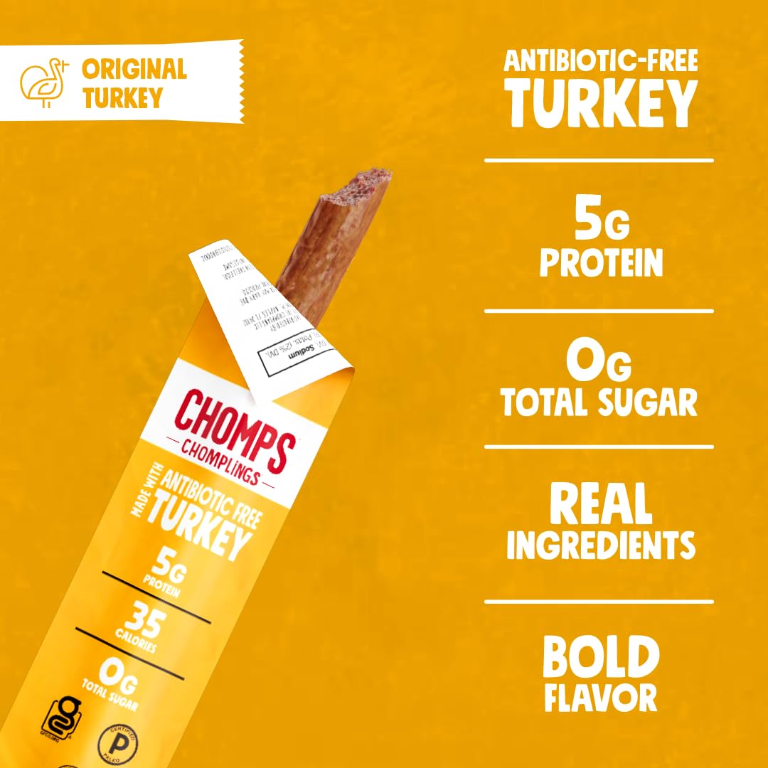 Chomps Snack Size Original Turkey Jerky Meat Sticks, ABF Turkey, Keto, Paleo, Whole30 Approved, Low Carb, High Protein, Gluten Free, Sugar Free, 35 Calories, 0.5 Oz (Pack of 24)