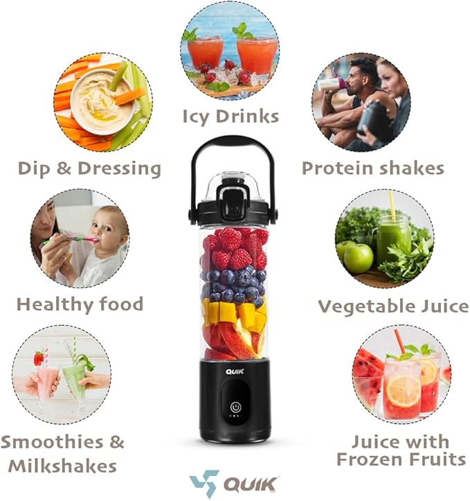 Portable Blender - Cordless 24oz. Personal Blender for Shakes and Smoothies, Licuadora, BPA Free - Ice Crush, Dishwasher safe parts, Waterproof, Triple Batteries, Juicer Cup, Black