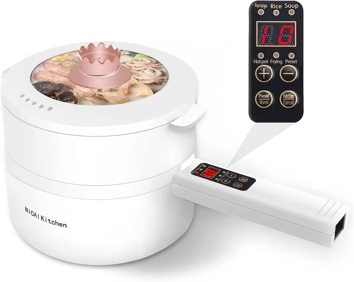 Electric Hot Pot,1.8L Electric Cooker Steamer, Multifunctional Non-stick Pan,Suitable For Ramen, Steak, Egg,Rice, Oatmeal, Soup Smart Button, Gold