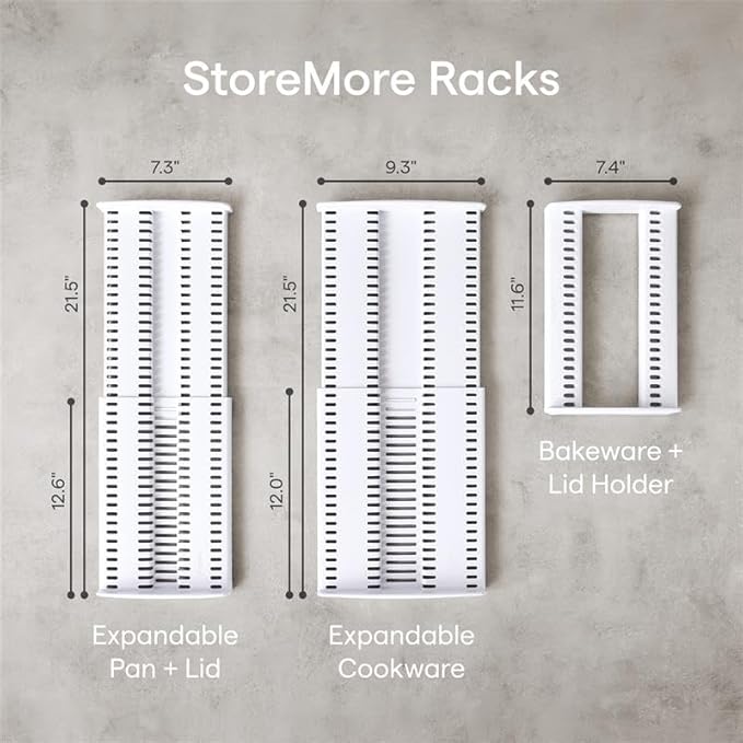 YouCopia StoreMore Bakeware Rack with Tall Steel Wires, Adjustable Pan and Lid Organizer, Classic Edition – White, Alloy Steel & Plastic, 11.5”W x 7.3”D x 6.4”H, Customizable Shelf