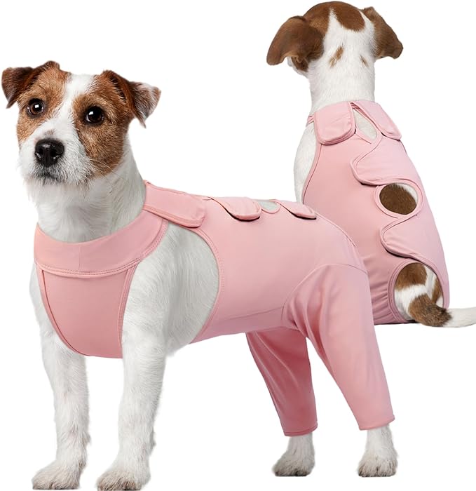 Kuoser Thigh Wound Protective Sleeve for Dogs, Dog Surgery Recovery Suit for Rear Legs, Dog Recovery Sleeve for Female Male Dogs, Dog Onesie After Surgery Pet Surgical Suit for Spay Neuter, Pink XS