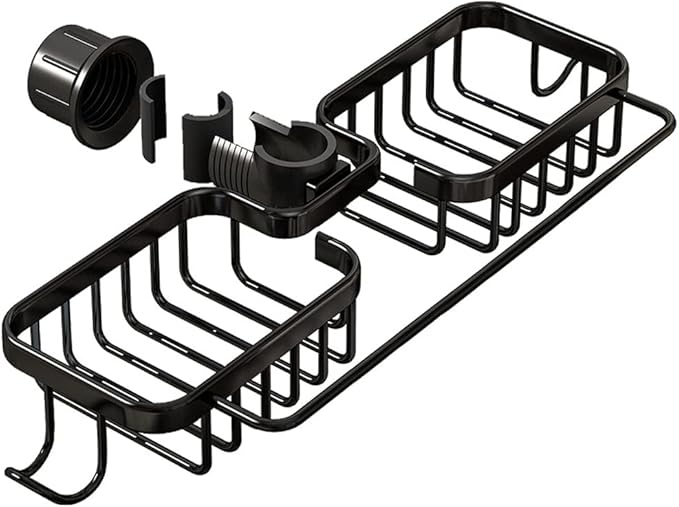 Kitchen Sink Caddy Organizer with Dish Towel Drying Rack & Hooks Over Faucet for Sink Organization (Double Towel Rack, Black)