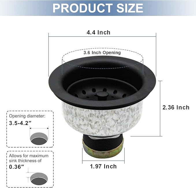 ZM Kitchen Sink Stainless Steel Deep Locking Basket Strainer with Drain Assembly,Black, 3-1/2 Inch Sink Drain Stopper Plug