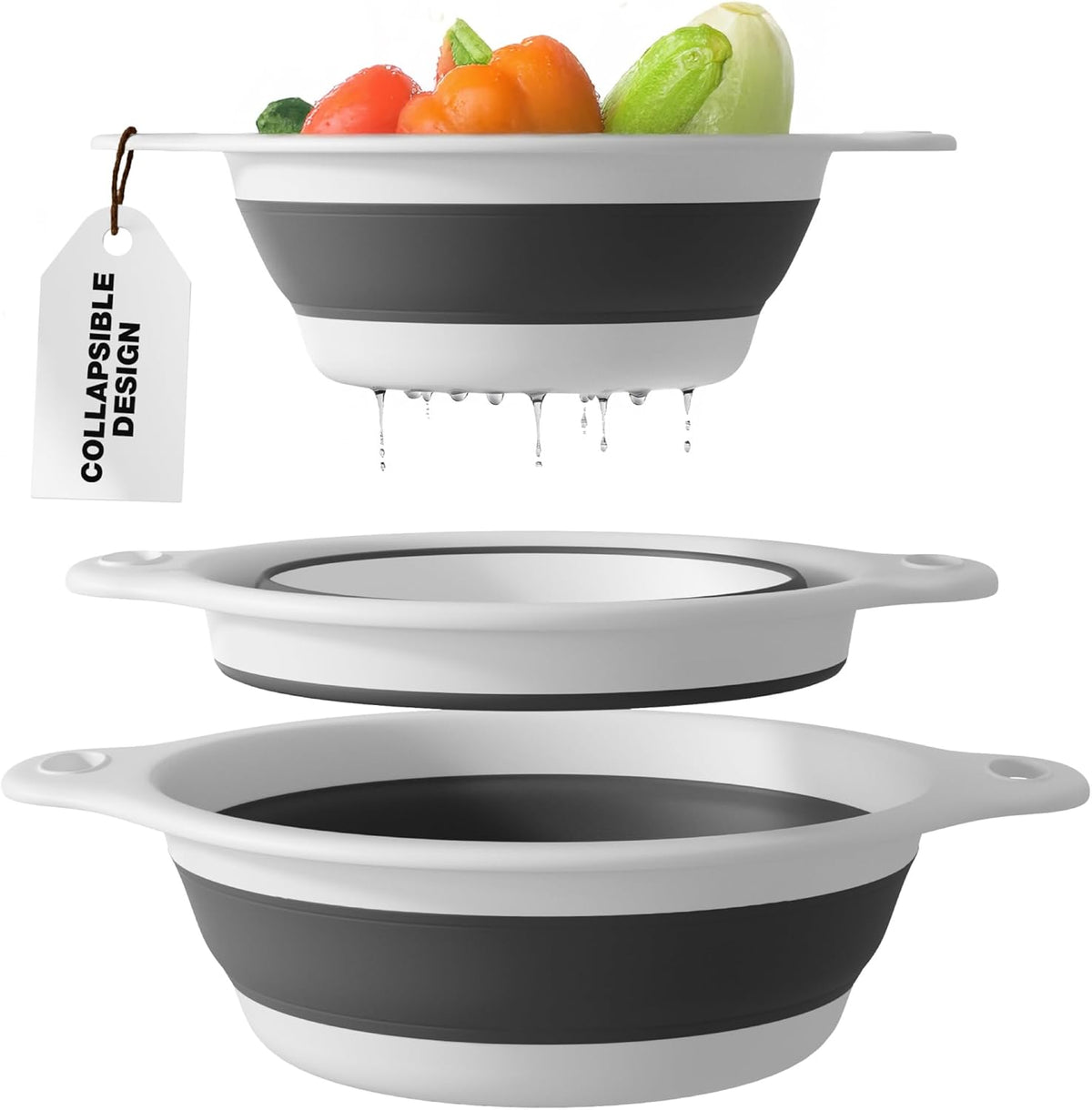 Collapsible Colanders (3 Pack Set) Food Strainers with Over-Sink Water Draining Base for Pasta Fruits and Vegetables (Patent Pending) White (3 Sizes, 3QT, 4QT and 5 Quart)
