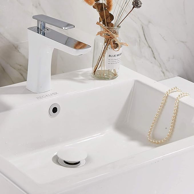 REGALMIX Vessel Sink Drain, Bathroom Faucet Vessel Sink Pop Up Drain Stopper, Built-in Anti-Clogging Strainer, with Overflow White, Fits Standard American Drain Hole(1-1/2" to 1-3/4") RWF083N