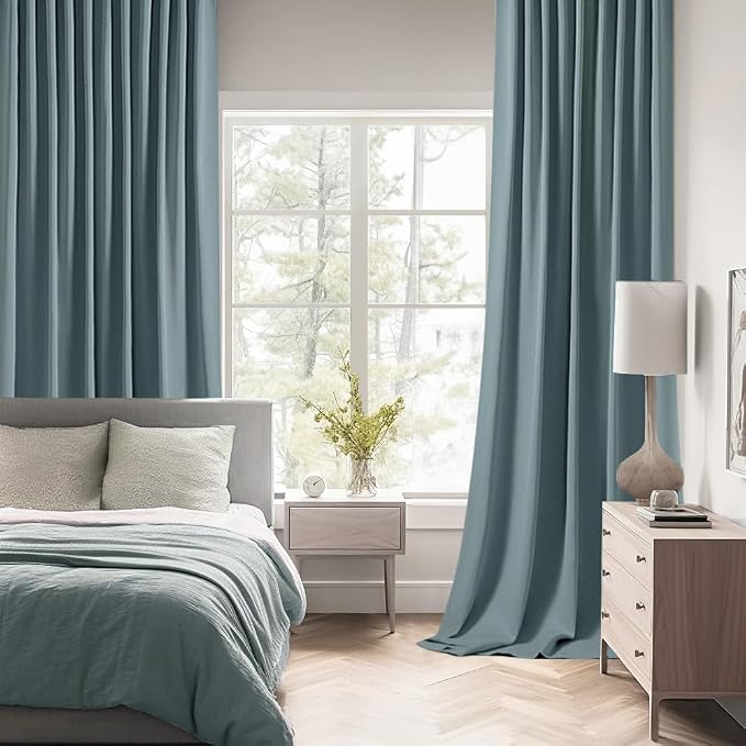 MIULEE Greyish Blue Back Tab Blackout Curtains 108 Inch Long 2 Panels Set