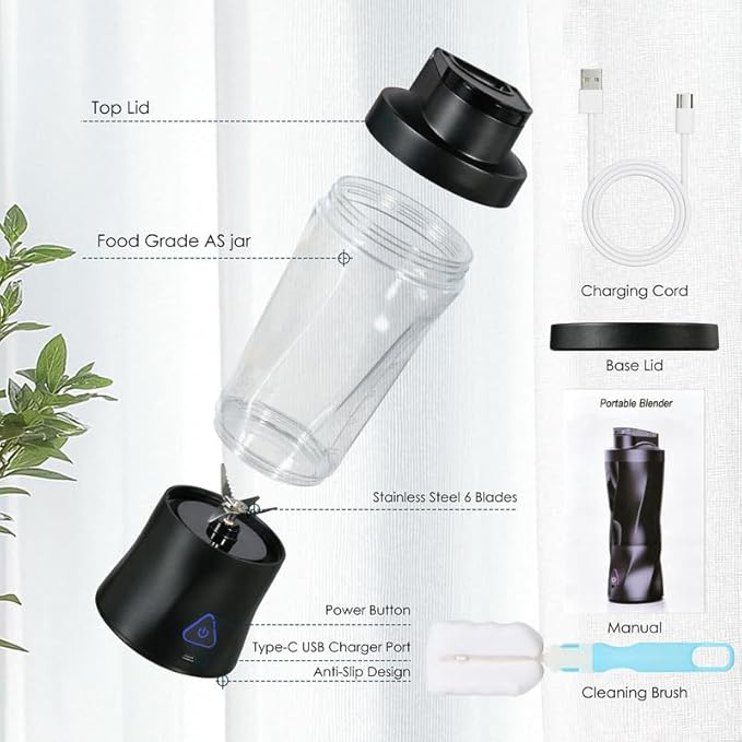 Personal Blender Wireless 24oz Cordless Mini 360 Watt Portable Blender-for Smoothies Freshly Squeezed Juices 6000mAh Self Cleaning and BPA Free Portable Juicer with 6 Sharp Blade Black Knight