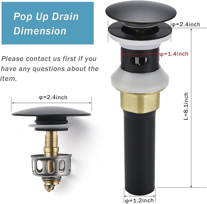 Rockgoya Bathroom Sink Drain,2 Pack Drain Stopper Bathroom Sink with Overflow,Pop Up Drain Assembly with Detachable Strainer Basket,Built-in Anti-Clogging Strainer,Stainless Steel Mattle Black