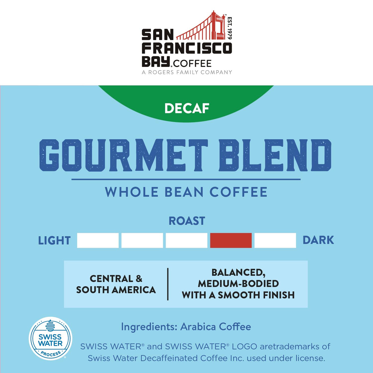 San Francisco Bay Coffee - Decaf Medium-Dark Roast Whole Bean Coffee - Decaf Gourmet Blend (2 lb bag) - Swiss Water Processed