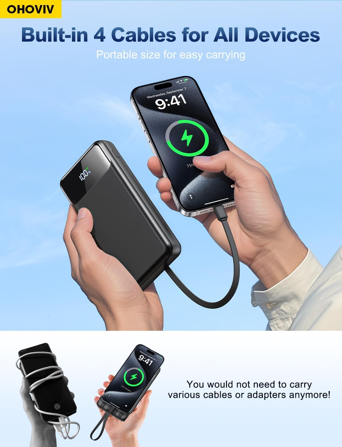 Portable Charger Power Bank 50000mAh Battery Pack, 22.5W Fast Charging PowerBank with Built in Cables,Travel Camping Essential USB-C Portable Phone Charger for iPhone Samsung Pixel Android iPad