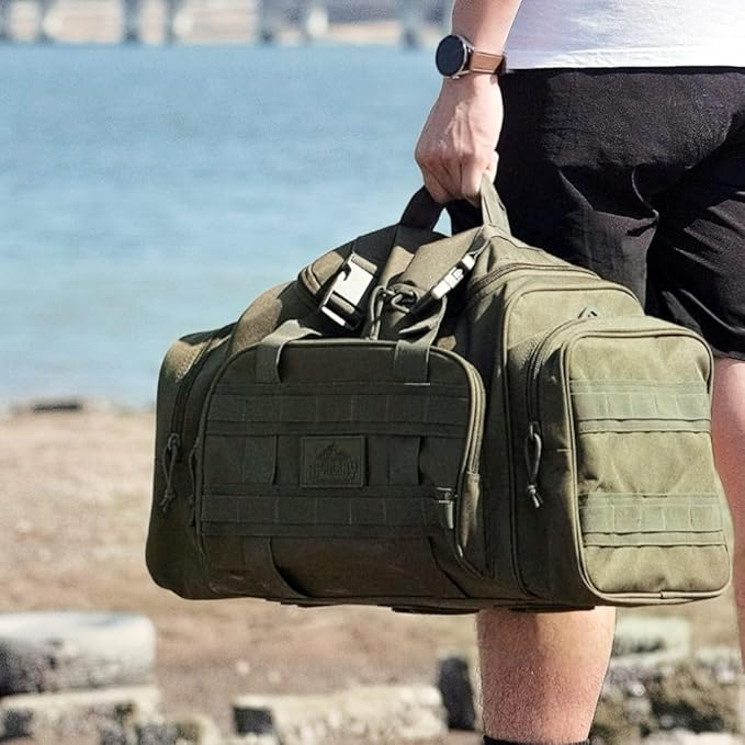Duffel Bag – Heavy Duty Tactical Gym Bag for Men, Splashwater-Proof Weekender Travel Bag for Basketball, Football, Soccer, Hiking, and Hunting (Dark Green)