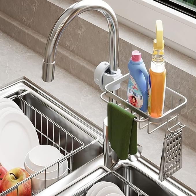 Faucet Sponge Holder Upgraded Kitchen Sink Caddy Organizer with Dish Towels Drying Rack & Hooks Over Faucet Hanging Faucet Drain Rack for Sink Organizer (with Towel Rack-Right, Silver)
