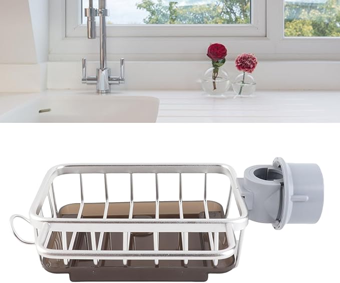 Zerodis Kitchen Sink Faucet Organizer, Space Aluminum Rustproof Dish Sponge Holder with Divider and Drip Tray for Kitchen Dishwashing Sponges Brushes Cloth (Silver)