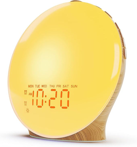 Wake Up Light Sunrise Alarm Clock for Kids, Heavy Sleepers, Bedroom, Full Screen with Sunrise Simulation, Dual Alarm, FM Radio, 15 Nightlights, 8 Sounds, Sleep Timer, Wood Grain