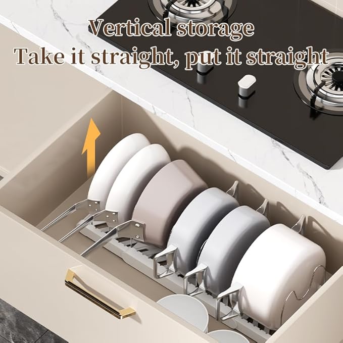 Pot Rack -Expandable Pan Organizer for Cabinet,Pot Lid Holder with 7 Adjustable Compartment for Kitchen Cabinet Cookware Baking Frying Rack,Apricot