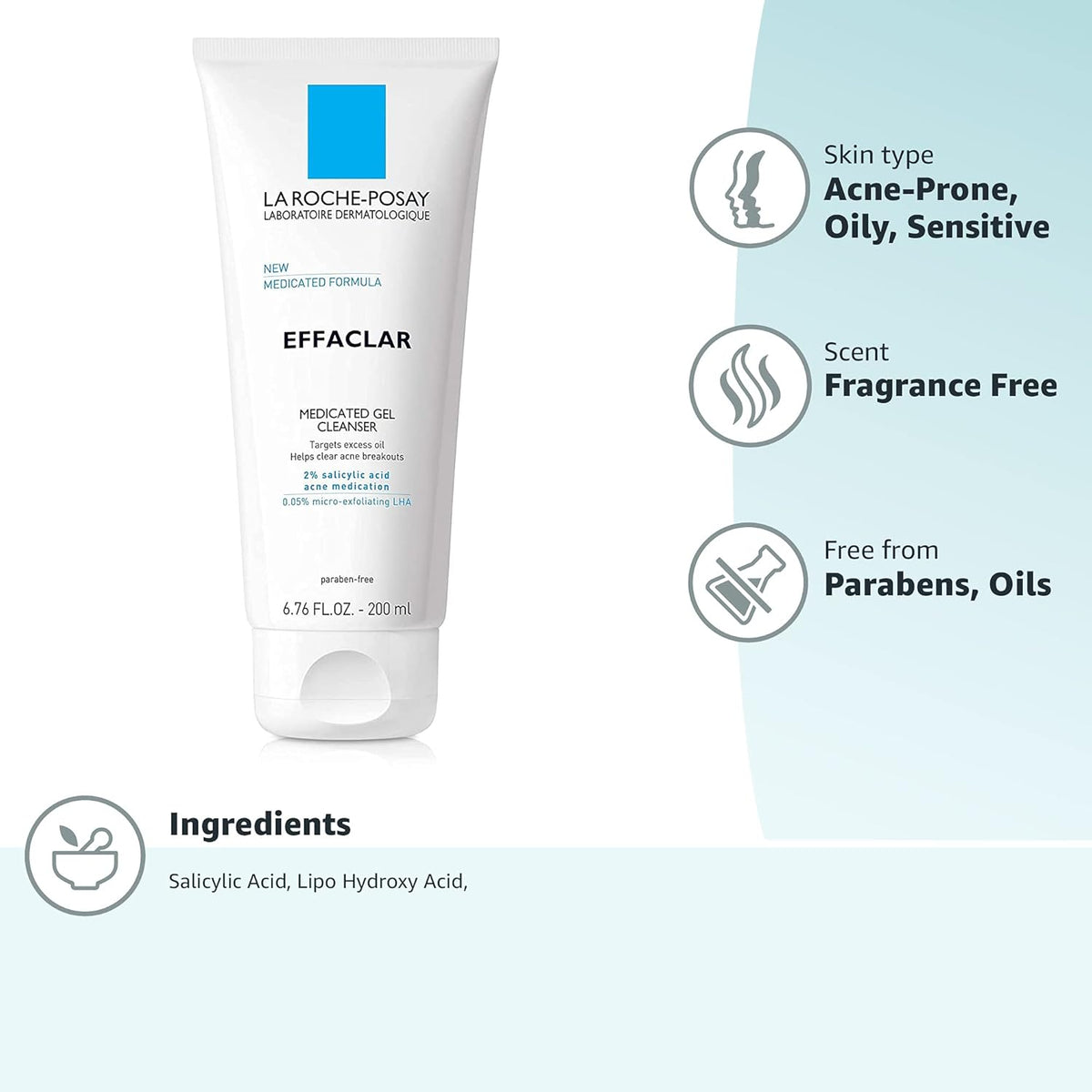 La Roche-Posay Effaclar Medicated Gel Cleanser, 2% Salicylic Acid Cleanser + LHA + Glycerin, Dermatologist Tested Foaming Acne Face Wash, Clear & Prevent Acne Breakouts, Oil Free, Targets Excess Oil