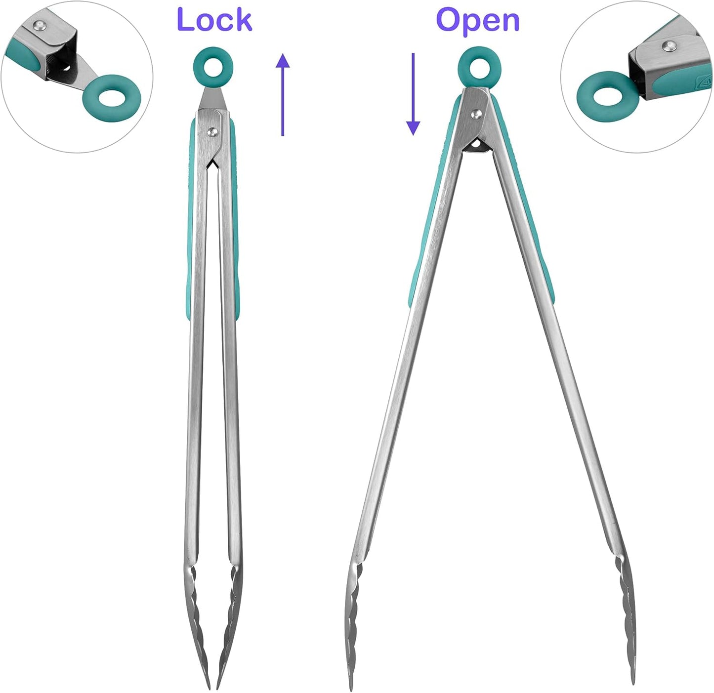 304 Stainless Steel Kitchen Cooking Tongs, 14" and 16" Set of 2 Sturdy Grilling Barbeque Brushed Locking Food Tongs with Ergonomic Grip, Aqua Sky