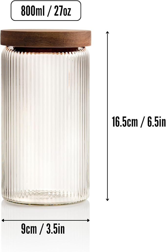 Mason & Fable Ribbed Glass Jars with Wooden Lid 27 fl oz- Set of 3 | Airtight Fluted Storage Container for Pasta, Coffee, Candy, Dog Treats, Snacks | Glass Organization Canisters for Home & Kitchen