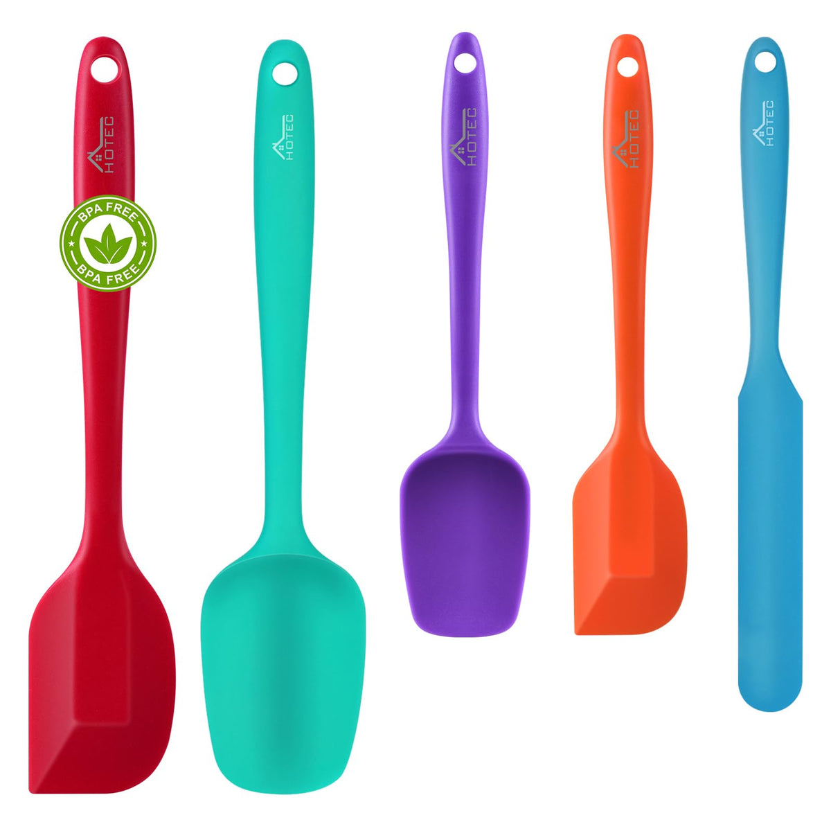 HOTEC Heat Resistant 600℉ Food Grade Silicone Rubber Spatula Set for Baking, Cooking, and Mixing Non Stick Dishwasher Safe BPA-Free Multicolor Set of 5