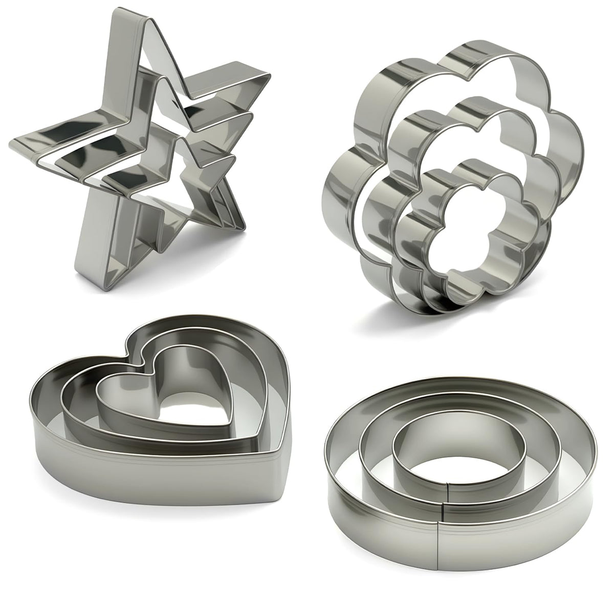 Stainless Steel Cookie Cutters Set 12Pcs - Heart, Flower, Round, Five Star Shapes - Small to Mini Size, Metal Biscuit Cutter Molds for Baking or Holiday Party Decorations