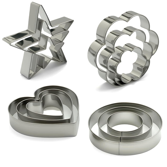 Stainless Steel Cookie Cutters Set 12Pcs - Heart, Flower, Round, Five Star Shapes - Small to Mini Size, Metal Biscuit Cutter Molds for Baking or Holiday Party Decorations