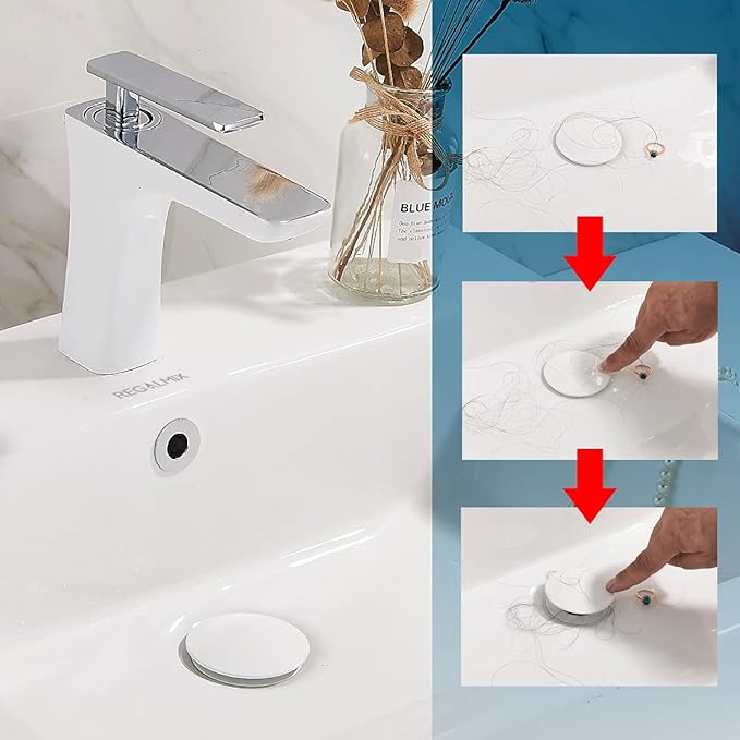 REGALMIX Vessel Sink Drain, Bathroom Faucet Vessel Sink Pop Up Drain Stopper, Built-in Anti-Clogging Strainer, with Overflow White, Fits Standard American Drain Hole(1-1/2" to 1-3/4") RWF083N