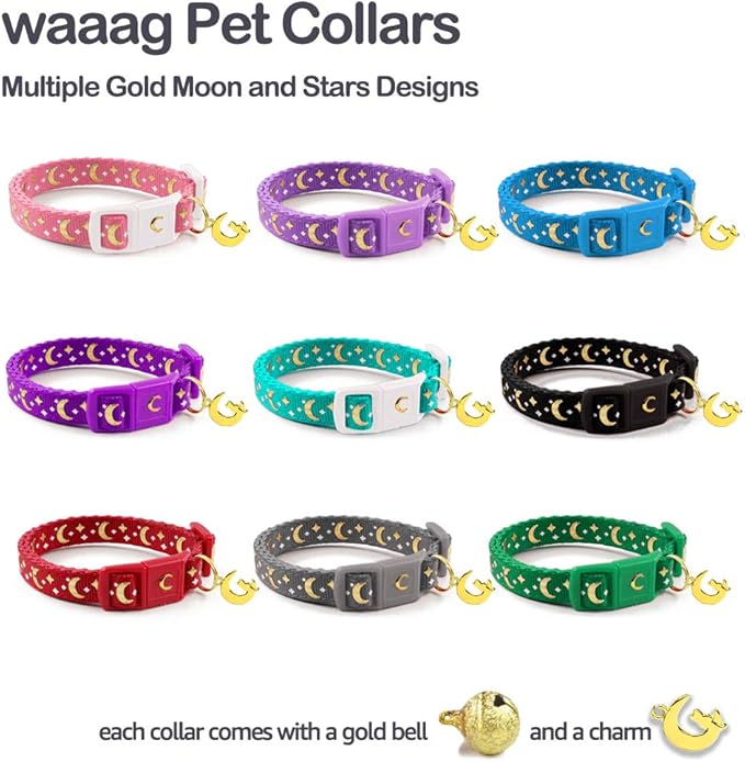 WAAAG Cat Collars, Gold Moons and Stars Cat Collar, Safety Breakaway Cat Collar, Glow in The Dark (Standard 9"-15" Neck, Lavender)