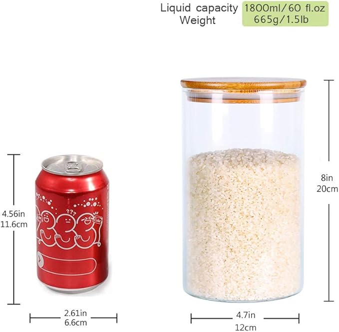 Glass Rice Storage Containers, 60 FL OZ (1800ml) Kitchen Food Jars with Airtight Lid, Stackable Clear Pantry Canister for Coffee Bean, Pet Treat, Flour, Loose Tea and More