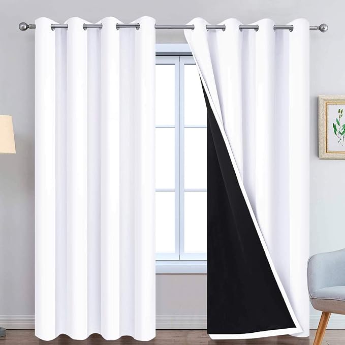 Yakamok Pure White 100% Blackout Curtains, 2 Thick Layers Completely Blackout