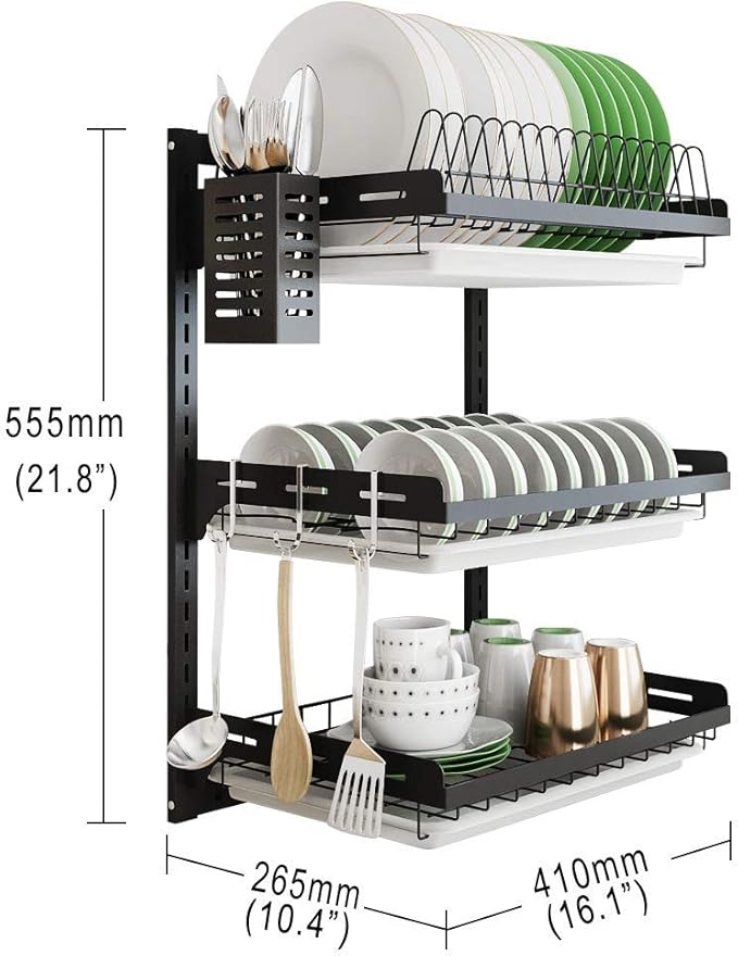 junyuan Hanging Dish Drying Rack Wall Mount,Dish Racks Drainer,3 Tier Kitchen Plate Organizer Storage Shelf with Drain Tray with 3 Hooks,Stainless Steel Black Large Ajustable Height