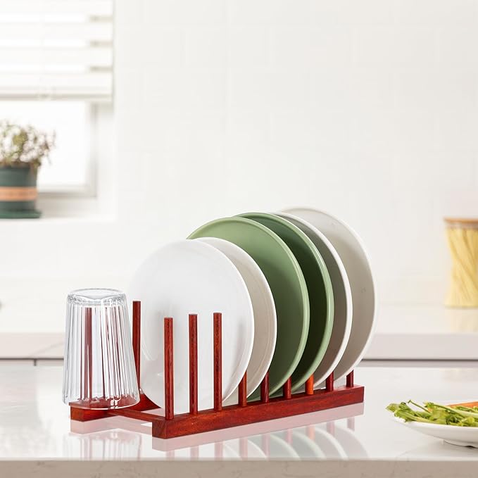 HBlife 4pcs Rosewood Wooden Dish Drying Rack - Home and Kitchen Organizer for Cups, Bowls, Pots, Lids, Cutting Boards & Plates Space-Saving for Cabinets Counters (8 Slots)