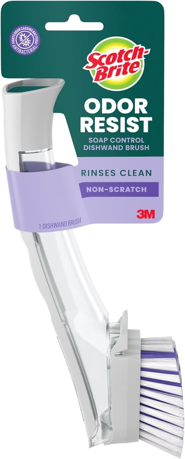Scotch-Brite Odor Resist Soap Control Dishwand Brush, Non-Scratch Cleaning Brush with Scraper, Stands Upright, 1 Pack