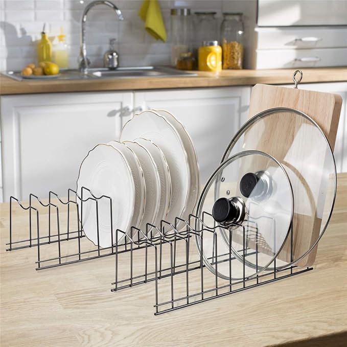SANNO Pan Pot Lid Holder Organizer, Rack Kitchen Organizer for Plates, Cutting Boards Bakeware, Cooling, Pots & Pans, Serving Trays,Lids Holder Rack,Nickel, 10 Dividers