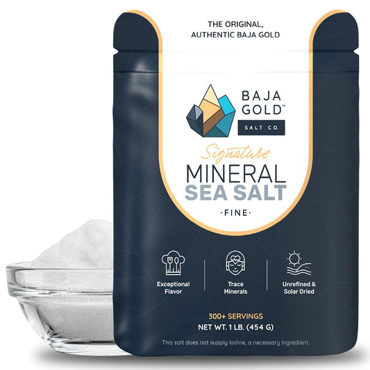 Baja Gold Mineral Sea Salt - Recommended by Gary Brecka - Fine Grind Salt for Cooking & Baking | Natural Baja Salt for Culinary Uses | Great for Finishing Dishes | 1 lb. Resealable Bag, 300+ Servings.