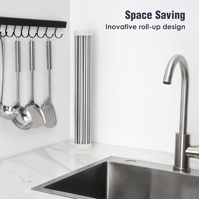 Tomorotec 21" x 15.5" Roll Up Dish Drying Rack Over Sink Drying Rack Sink Cover Kitchen Sink Accessories Gadget Multipurpose Organizer Foldable Stainless Steel Drainer