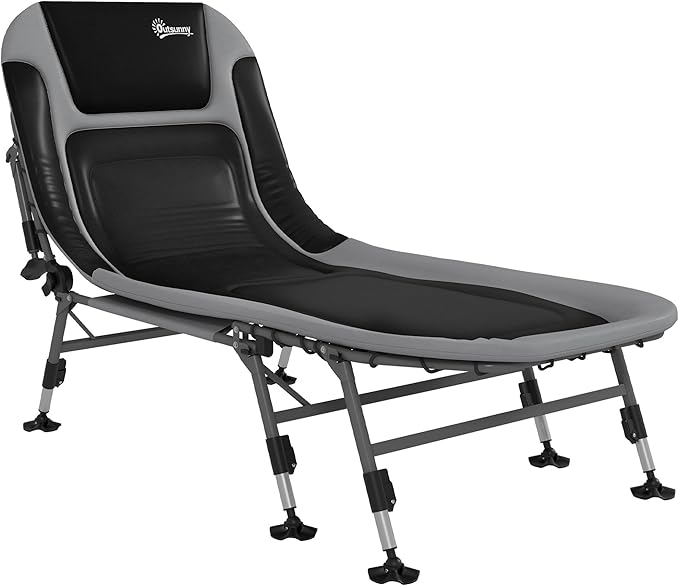 Outsunny Camping Cot for Adults, Folding Bed with Soft Padded Cushions & Headrest, 180° Adjustable Reclining Lounger, Heavy Duty and Portable with a 400 lbs. Capacity, Gray
