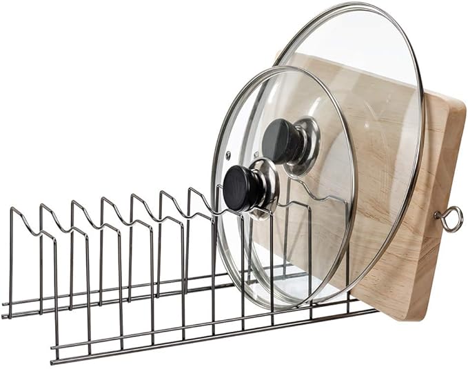 SANNO Pot Lid Organizer, Kitchen Plate Rack Holder Rest, Plates, Cutting Boards Bakeware, Cooling, Pots & Pans, Serving Trays,Lids Holder Rack,Nickel,Set of 2