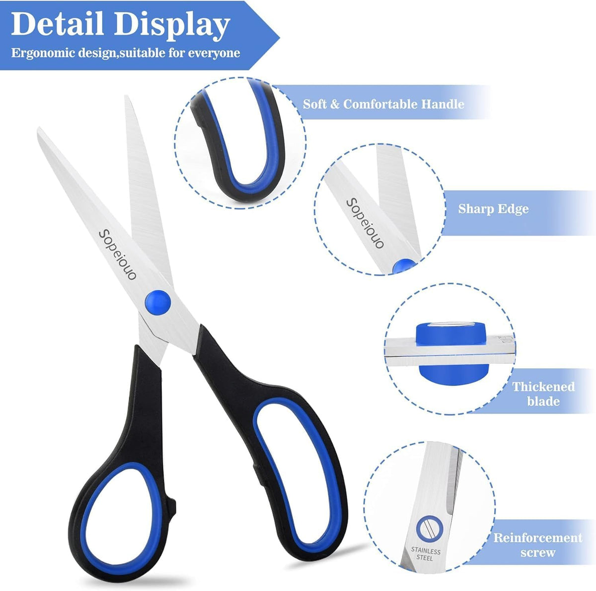 Scissors Set of 6-Pack, 8" Scissors All Purpose Comfort-Grip Handles, Sharp Scissor for Office Home School Craft Sewing Fabric Supplies, High/Middle School Student Teacher, Right/Left Hand