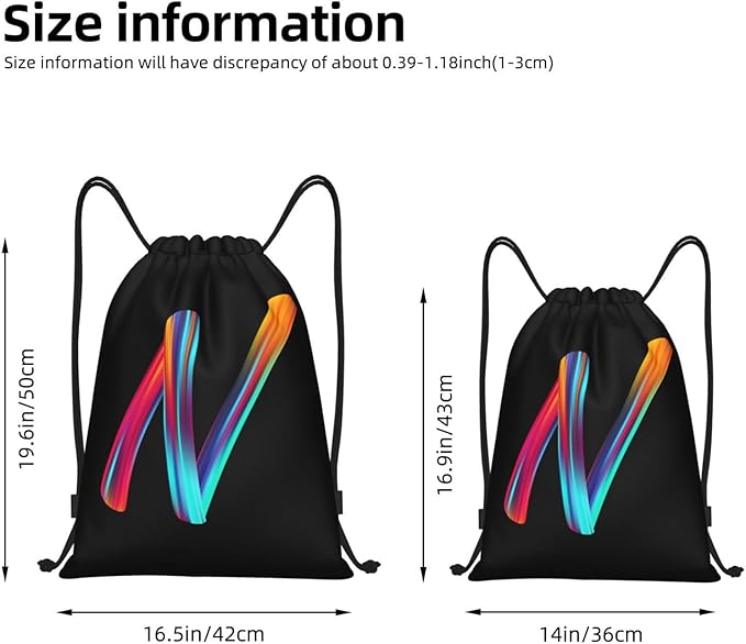 Drawstring Bags Initial Drawstring Backpack Sackpack Black Draw String Cinch Bags for Sports, Gym, Travel, Swimming, Beach, Camping, Rainbow Letter N